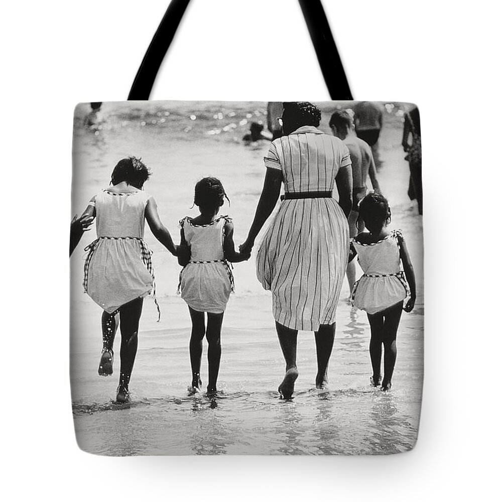 Daughter Tote Bag featuring the photograph Mother and Four Daughters Entering Water at Coney Island by Nat Herz