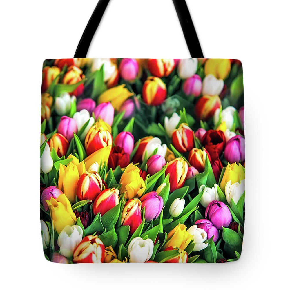 Jenny Raibow Fine Art Photography Tote Bag featuring the photograph Motley Bunch of Dutch Tulips by Jenny Rainbow