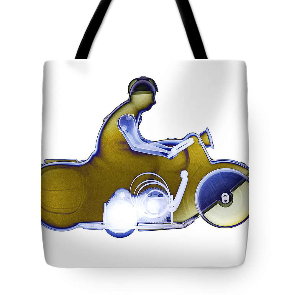 Tin Toy Motorcycle X-ray Art Photography Tote Bag featuring the photograph Motorcycle X-ray No. 3 by Roy Livingston