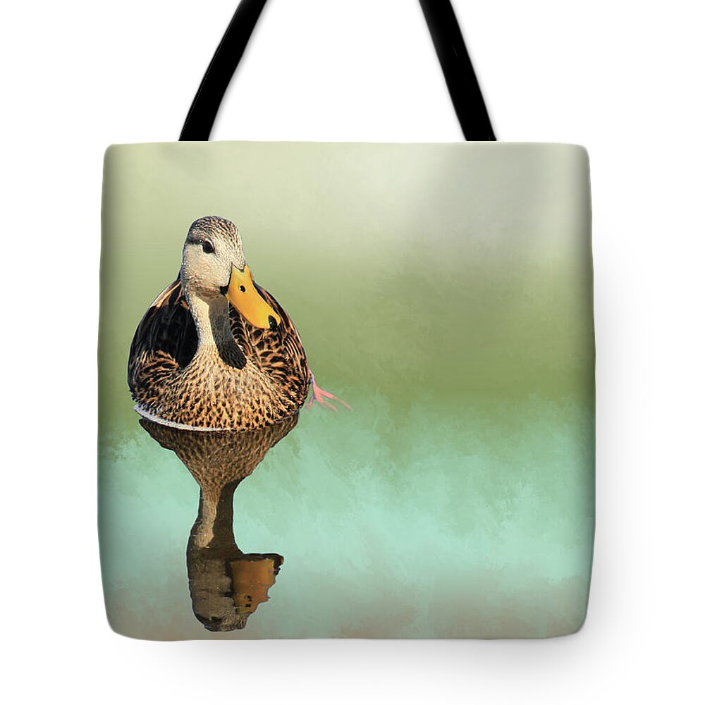 Duck Tote Bag featuring the mixed media Mottled Duck Reflection by Rosalie Scanlon