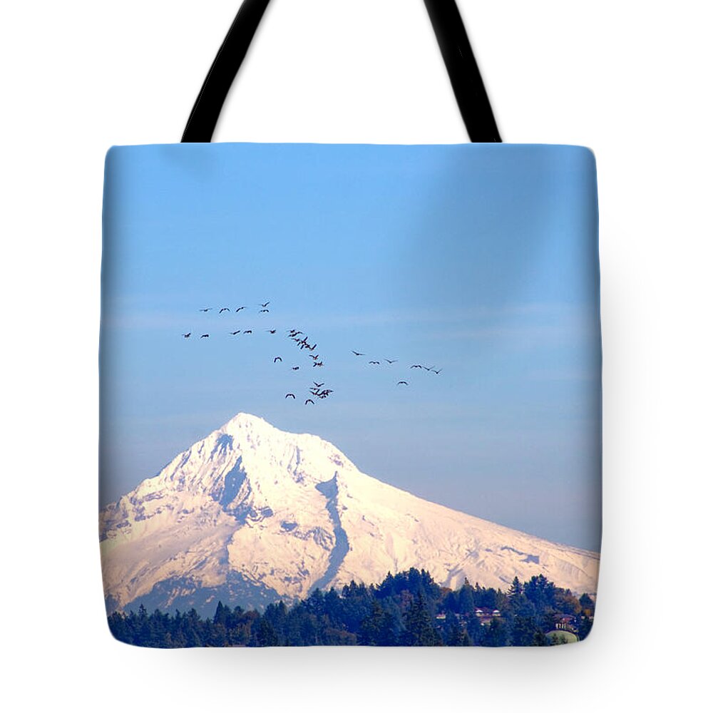 Mount Hood Tote Bag featuring the photograph Mount Hood With Geese by Tom H