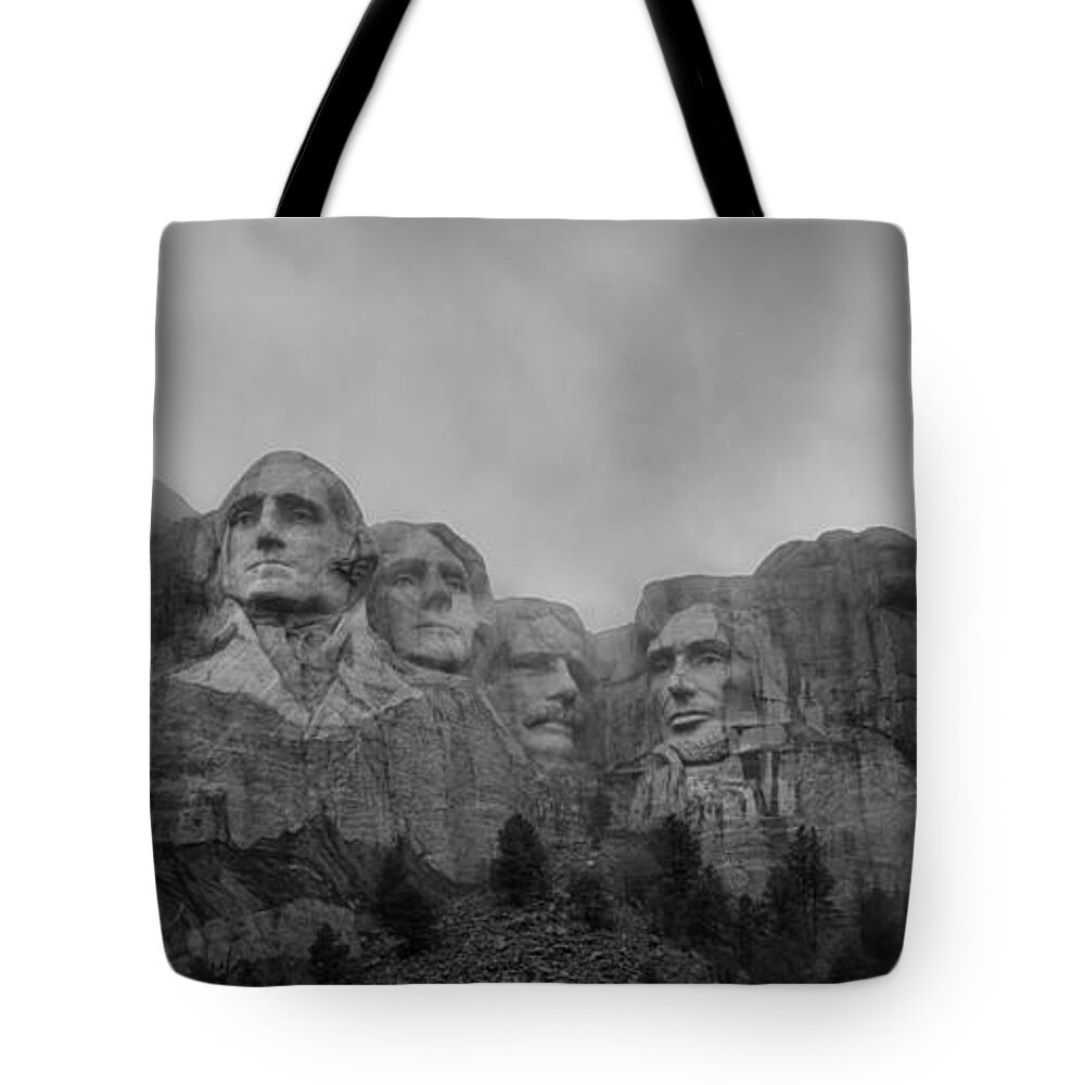 Mount Rushmore Break In The Clouds Tote Bag featuring the photograph Mount Rushmore Break In The Clouds Pano BW by Michael Ver Sprill