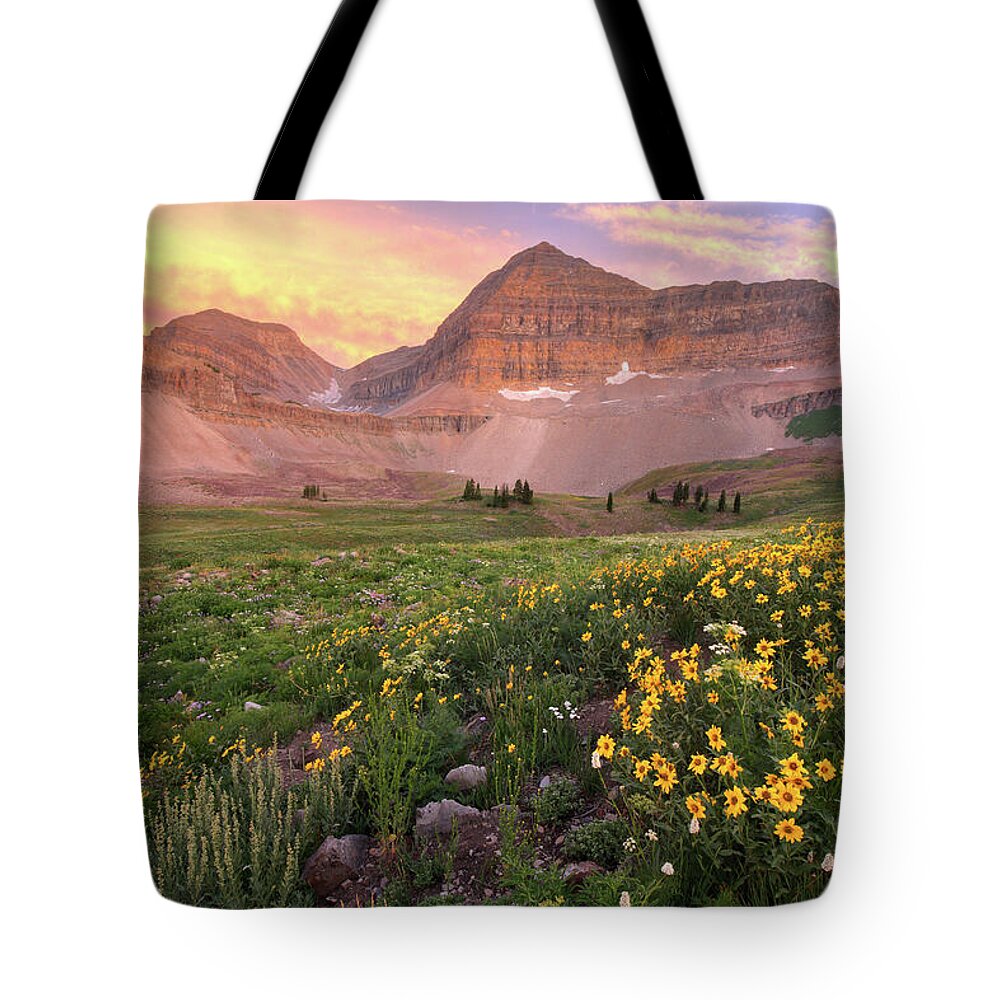 Utah Tote Bag featuring the photograph Mount Timpanogos Wildflower Sunset - Utah by Brett Pelletier