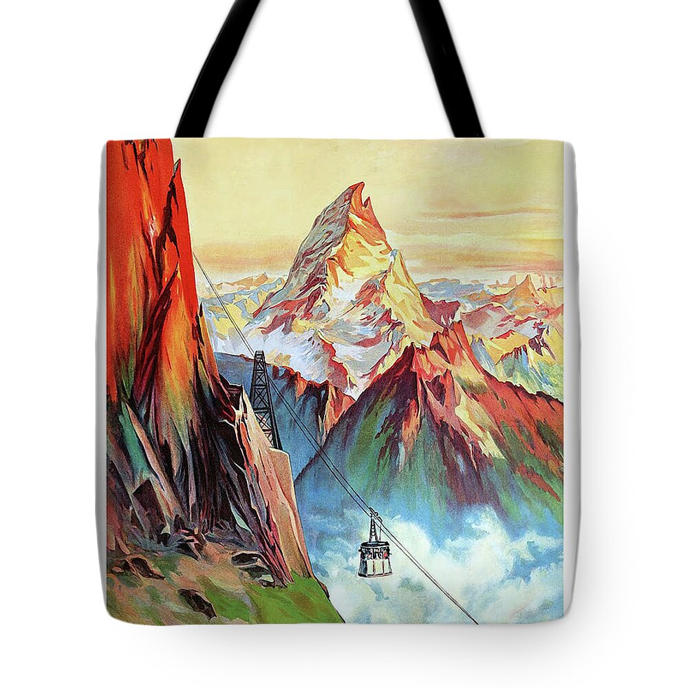 Mountains Tote Bag featuring the painting Mountain cable car, breath taking scenery by Long Shot