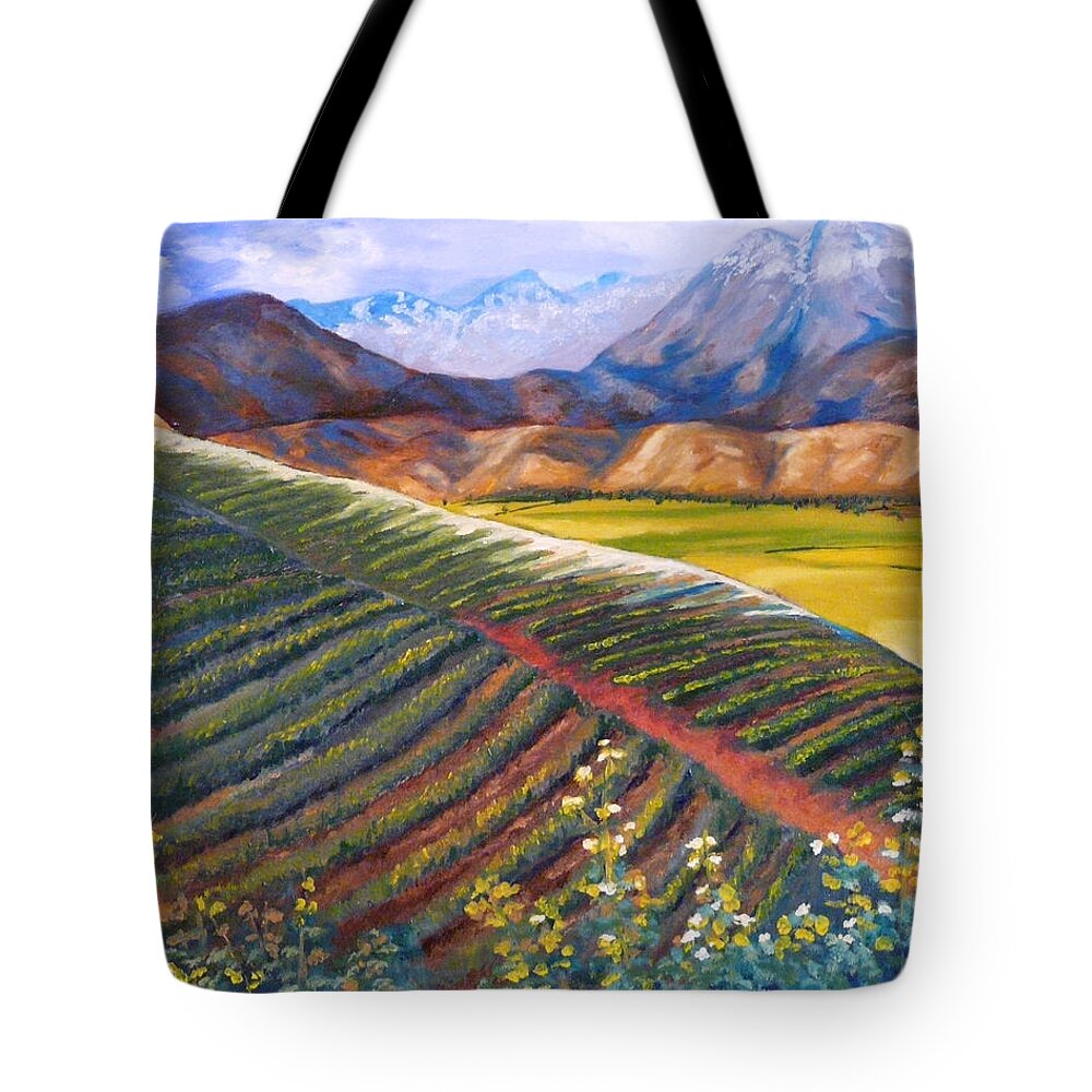 Farm Land Tote Bag featuring the painting Mountain Farmland The Vineyard by Vic Ritchey
