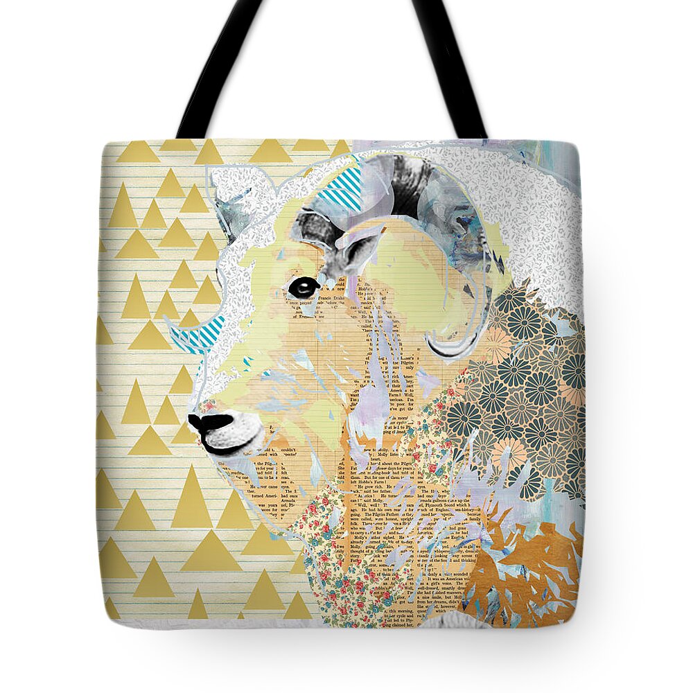 Mountain Tote Bag featuring the mixed media Mountain Goat Collage by Claudia Schoen