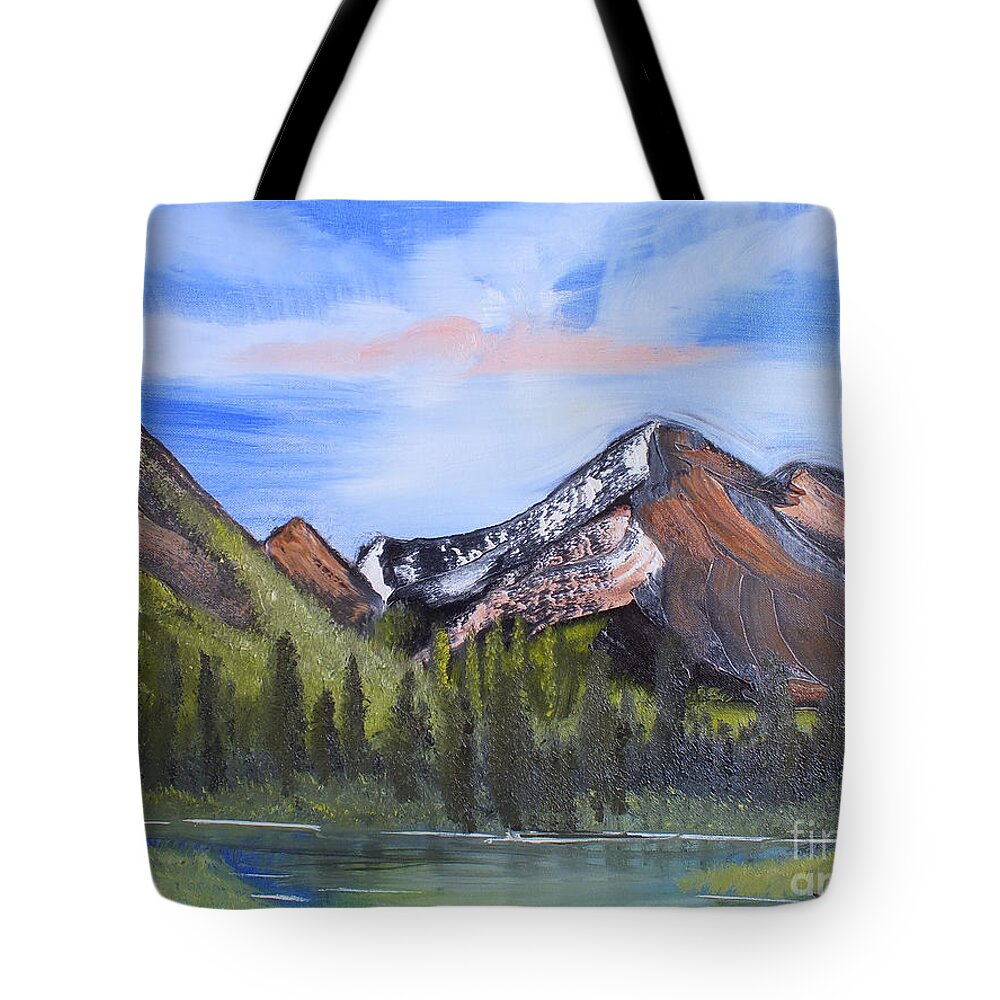 Mountain Tote Bag featuring the digital art Mountain lake. by Yenni Harrison