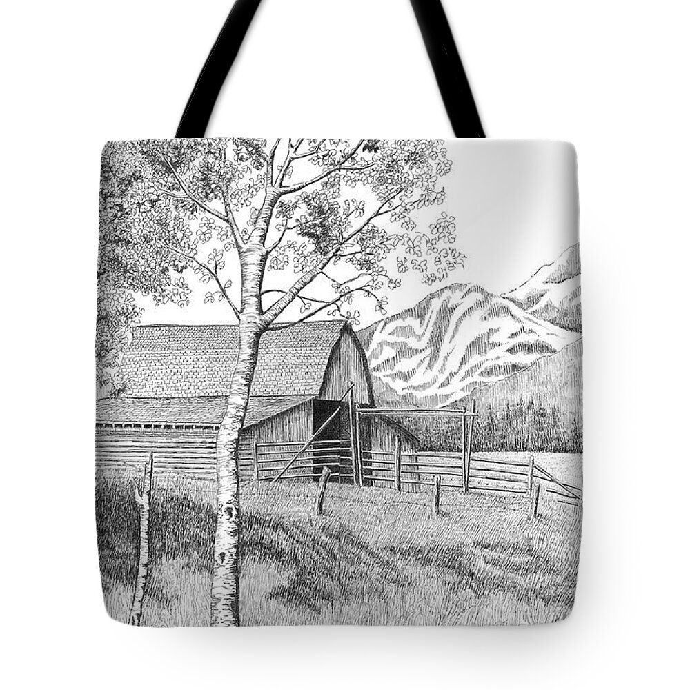 Landscape Tote Bag featuring the drawing Mountain Pastoral by Lawrence Tripoli