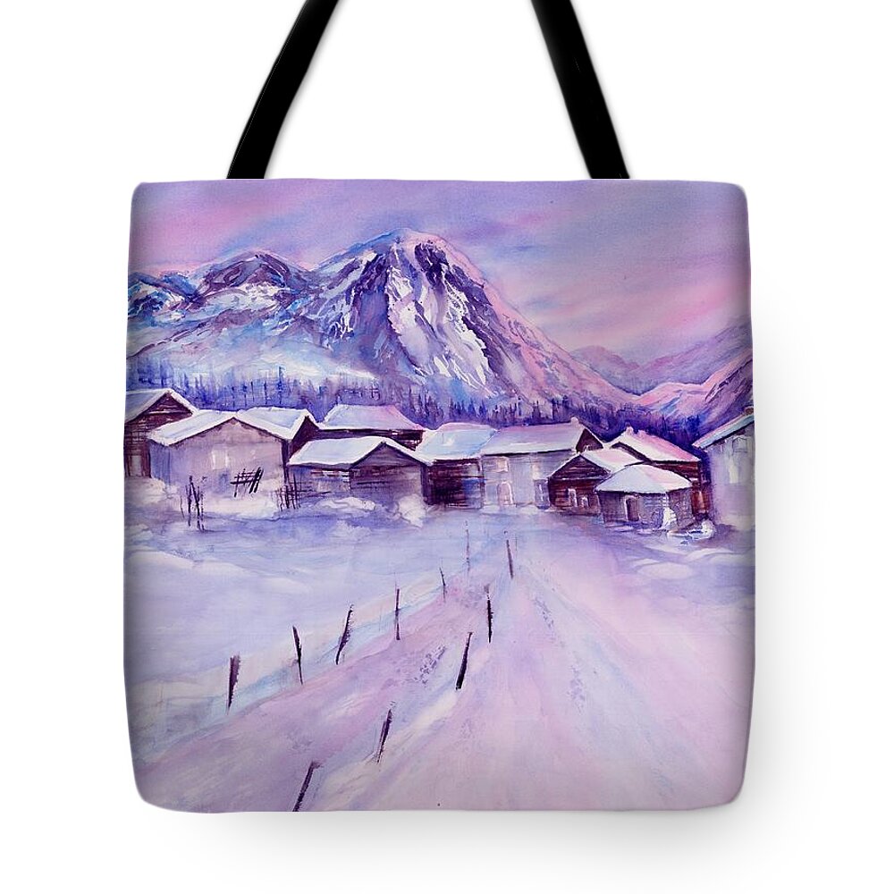 Mountain Village Tote Bag featuring the painting Mountain village in snow by Sabina Von Arx