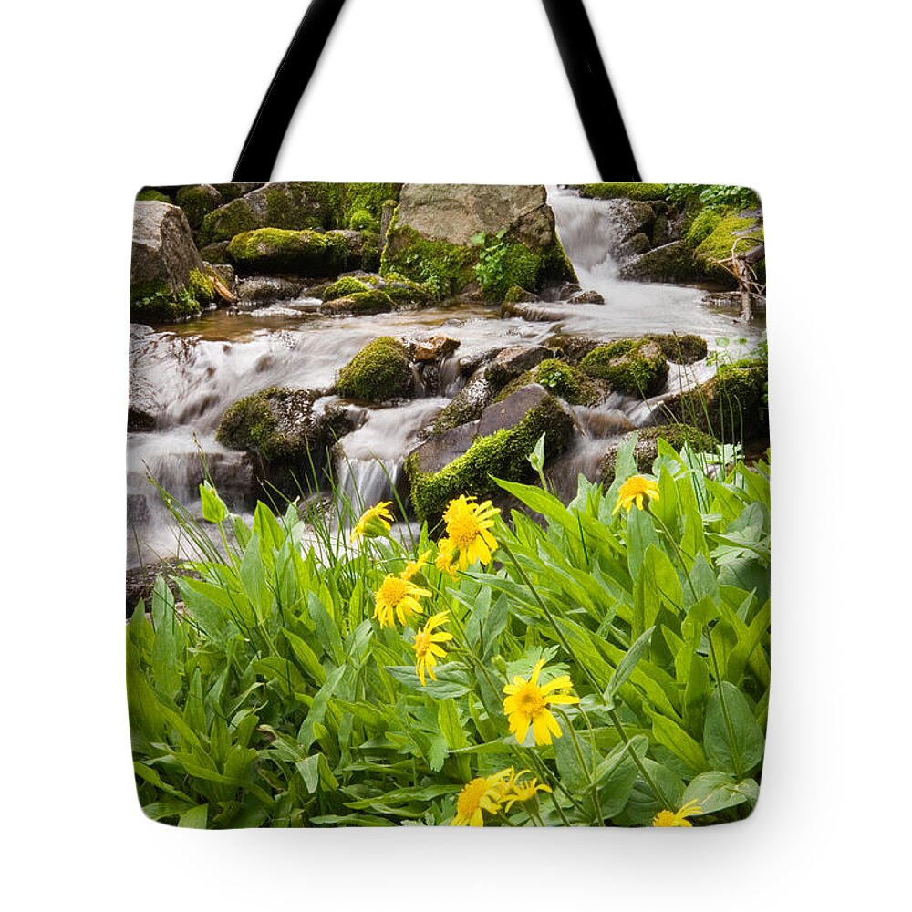 Water Tote Bag featuring the photograph Mountain Waterfall and Wildflowers by Douglas Pulsipher
