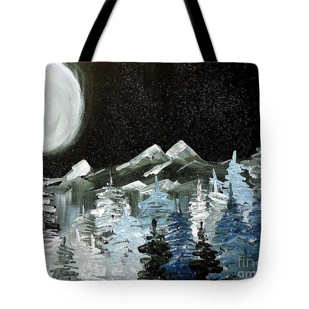 Mountains Tote Bag featuring the painting Mountain Winter Night by Tom Riggs
