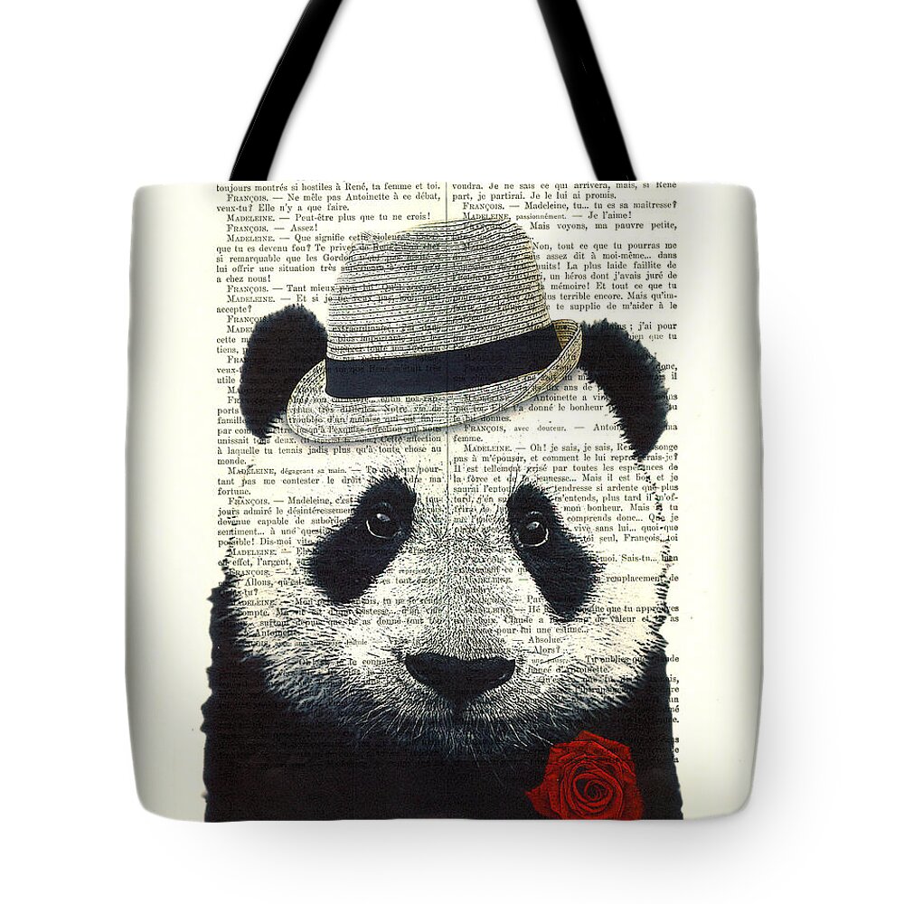 Panda Tote Bag featuring the digital art Panda With Fedora Hat And Red Rose by Madame Memento
