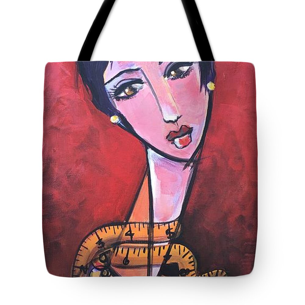 Seamstress Tote Bag featuring the painting Ms. Bimba Fashionable Seamstress by Laurie Maves ART