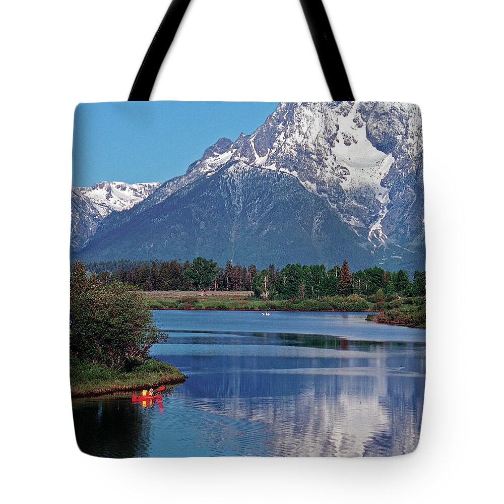 Canoers Tote Bag featuring the photograph Mt. Moran With Canoers by Ted Keller