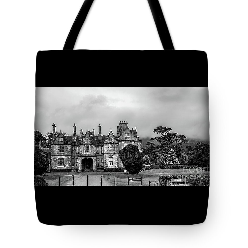 Murckross House Tote Bag featuring the photograph Muckross House in BW  by Imagery by Charly