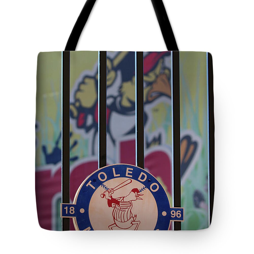 Toledo Mud Hens Tote Bag featuring the photograph Mud Hens Gate Sign 5663 by Jack Schultz