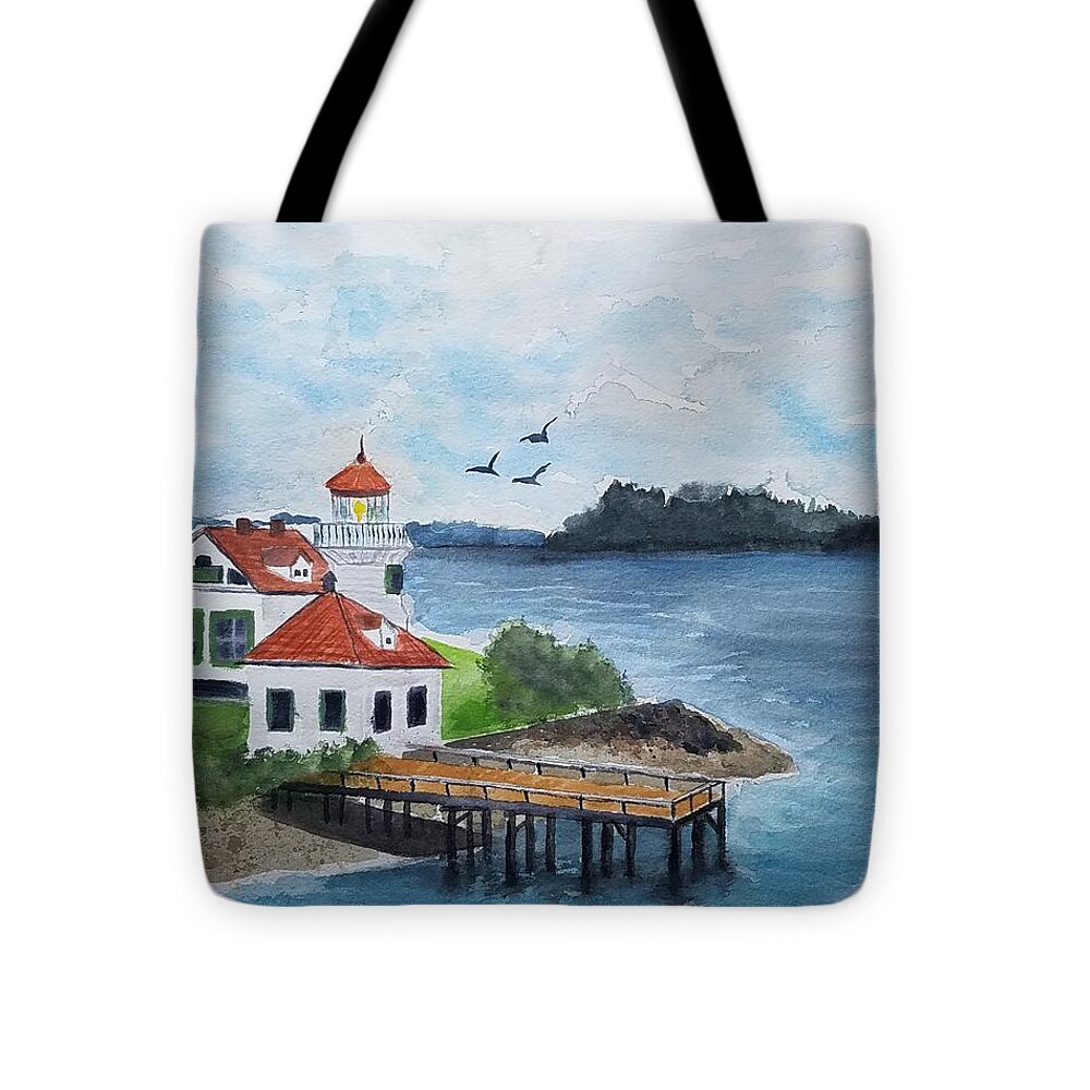 Lighthouse Tote Bag featuring the painting Mukilteo Lighthouse - Whidbey Island by M Carlen