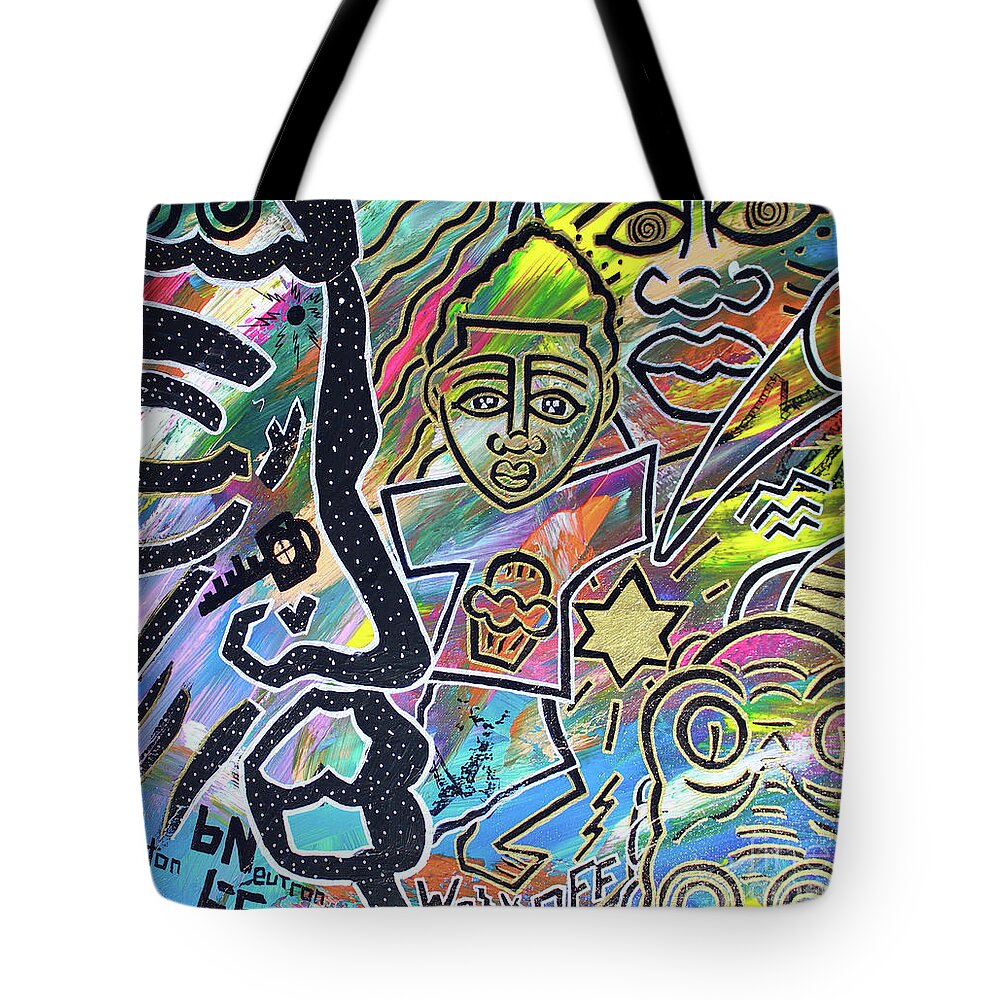  Tote Bag featuring the painting Multi-Dimensional Beings Stepping Out The Body Walking Through The Cosmos by Odalo Wasikhongo
