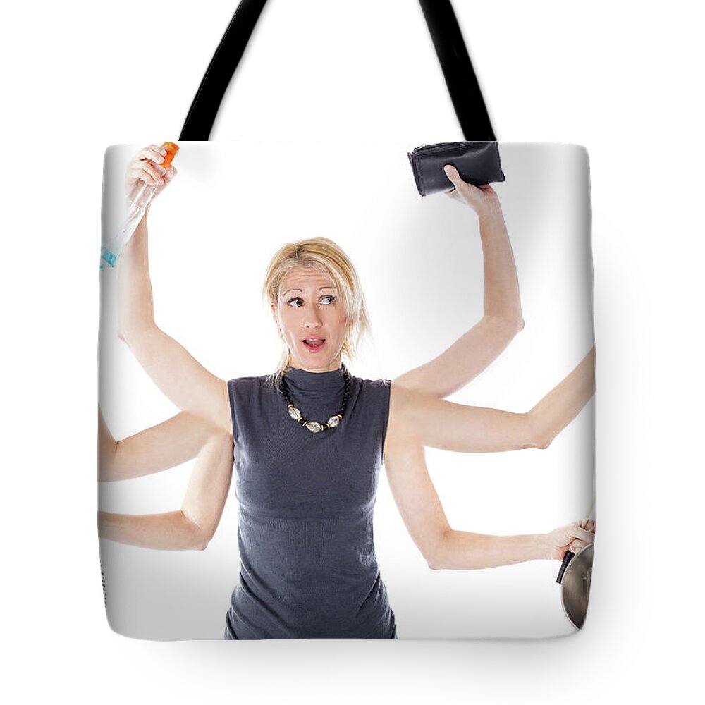 Chores Tote Bag featuring the digital art Multitasking housewife by Benny Marty