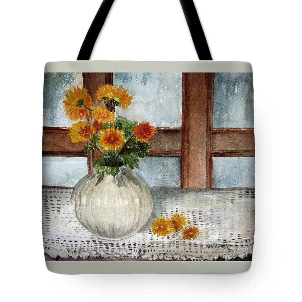 Small Vase Of Orange Mums Tote Bag featuring the painting Mum is the Word by Paula Pagliughi