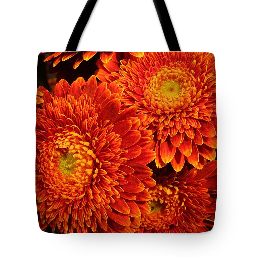 Flower Tote Bag featuring the photograph Mums in flames by Rosita Larsson