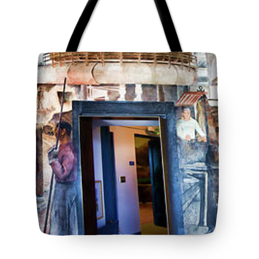 San Francisco Tote Bag featuring the photograph Mural Coit Tower Interior Panorama by Chuck Kuhn