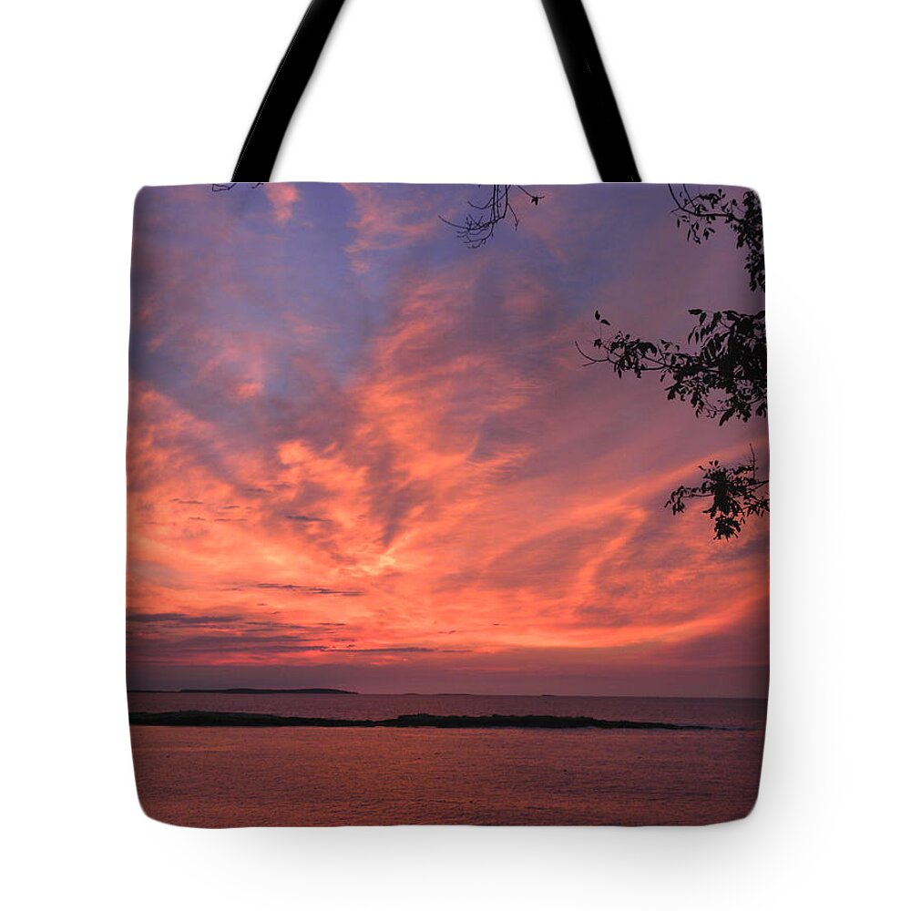 Sunrise Muscongus Sound Bay Ocean Water Seascape Tote Bag featuring the photograph Muscongus Sound Sunrise by Scott W White