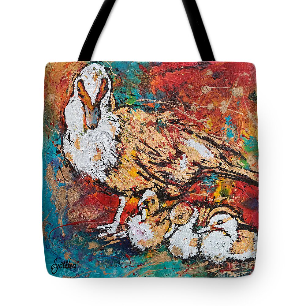 Muscovy Duck And Ducklings. Birds Tote Bag featuring the painting Muscovy Ducklings by Jyotika Shroff