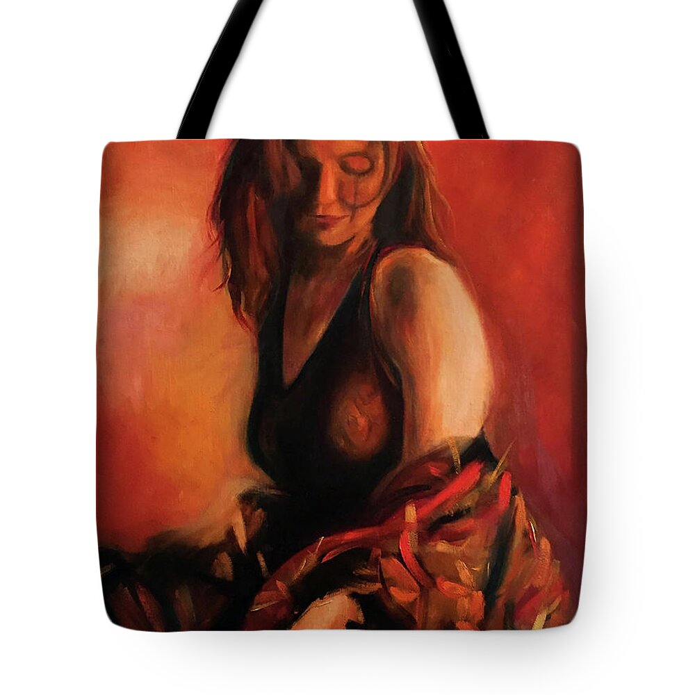  Tote Bag featuring the painting Muse en Rouge by Josef Kelly