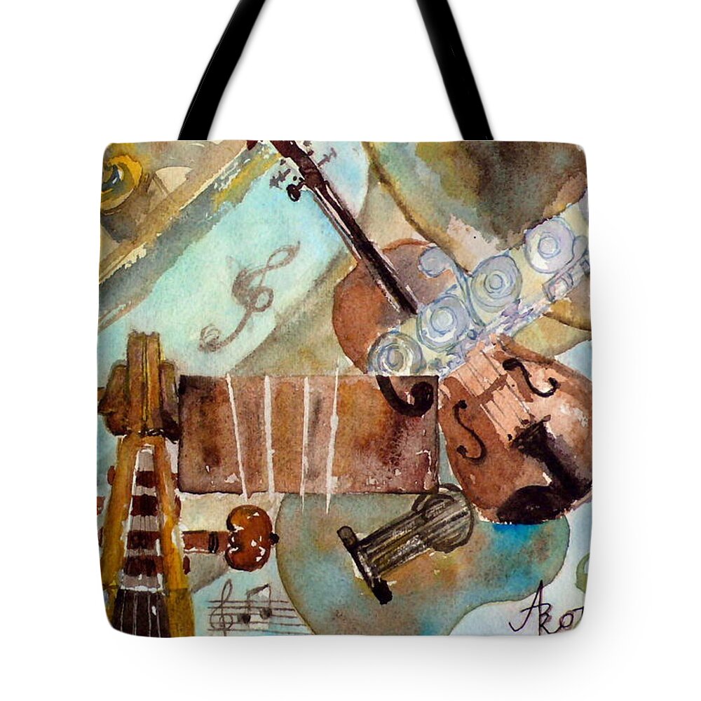 Music Tote Bag featuring the painting Music Shop by Anna Ruzsan