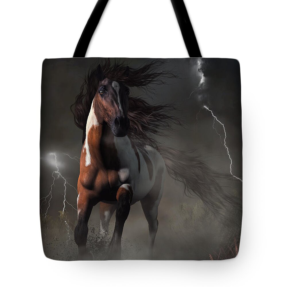 Horse Tote Bag featuring the digital art Mustang Horse in a Storm by Daniel Eskridge
