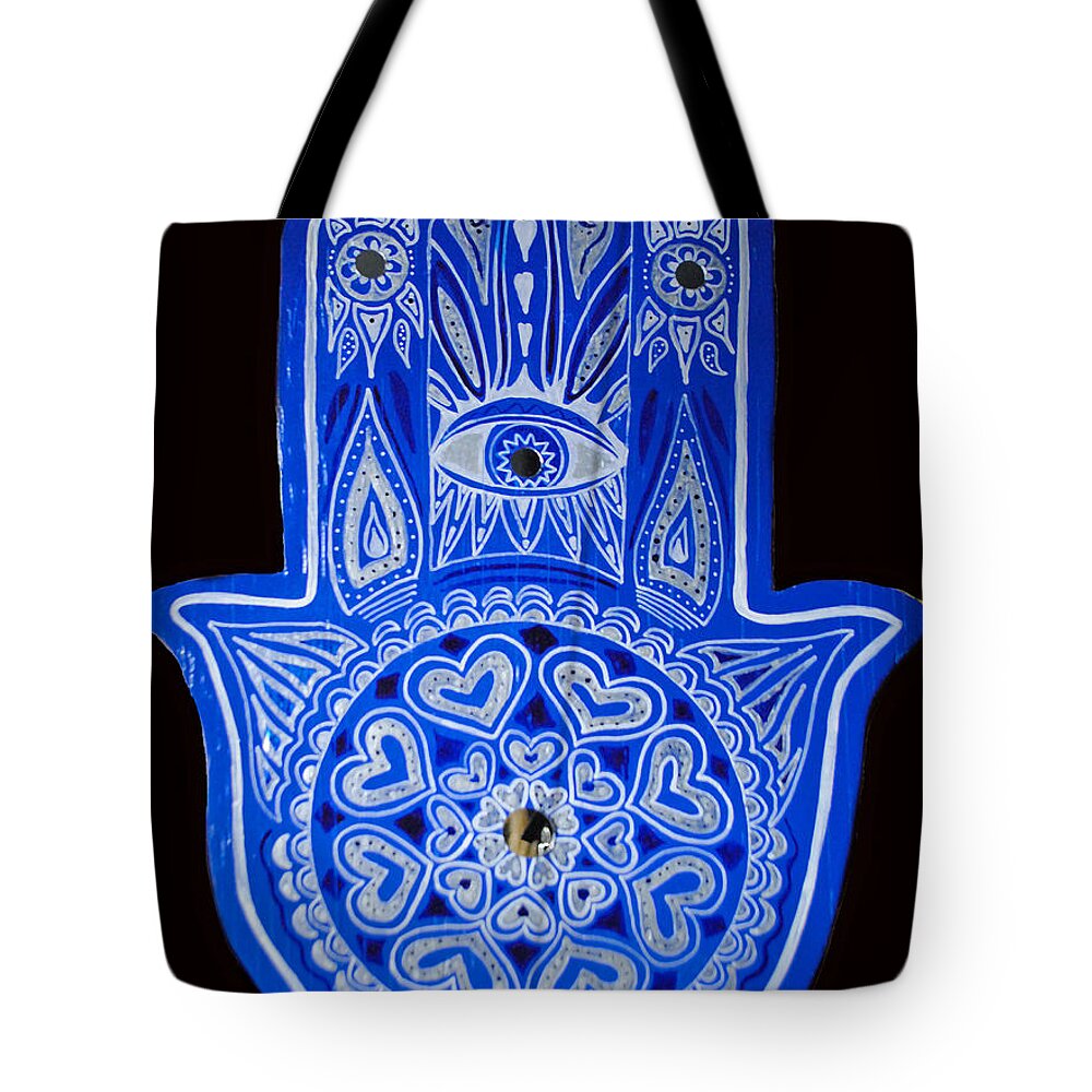 Blue Hamsa Tote Bag featuring the painting My Blue Hamsa by Patricia Arroyo