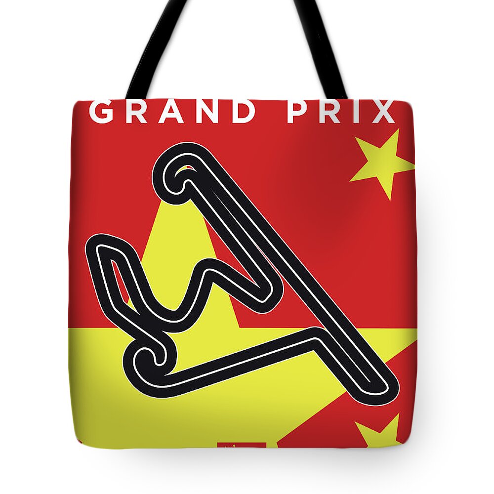 Chinese Tote Bag featuring the digital art My Chinese Grand Prix Minimal Poster by Chungkong Art
