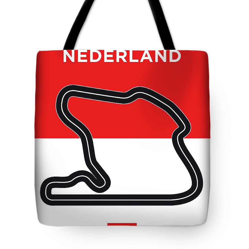 Dutch Tote Bag featuring the digital art My F1 ZANDVOORT Race Track Minimal Poster by Chungkong Art