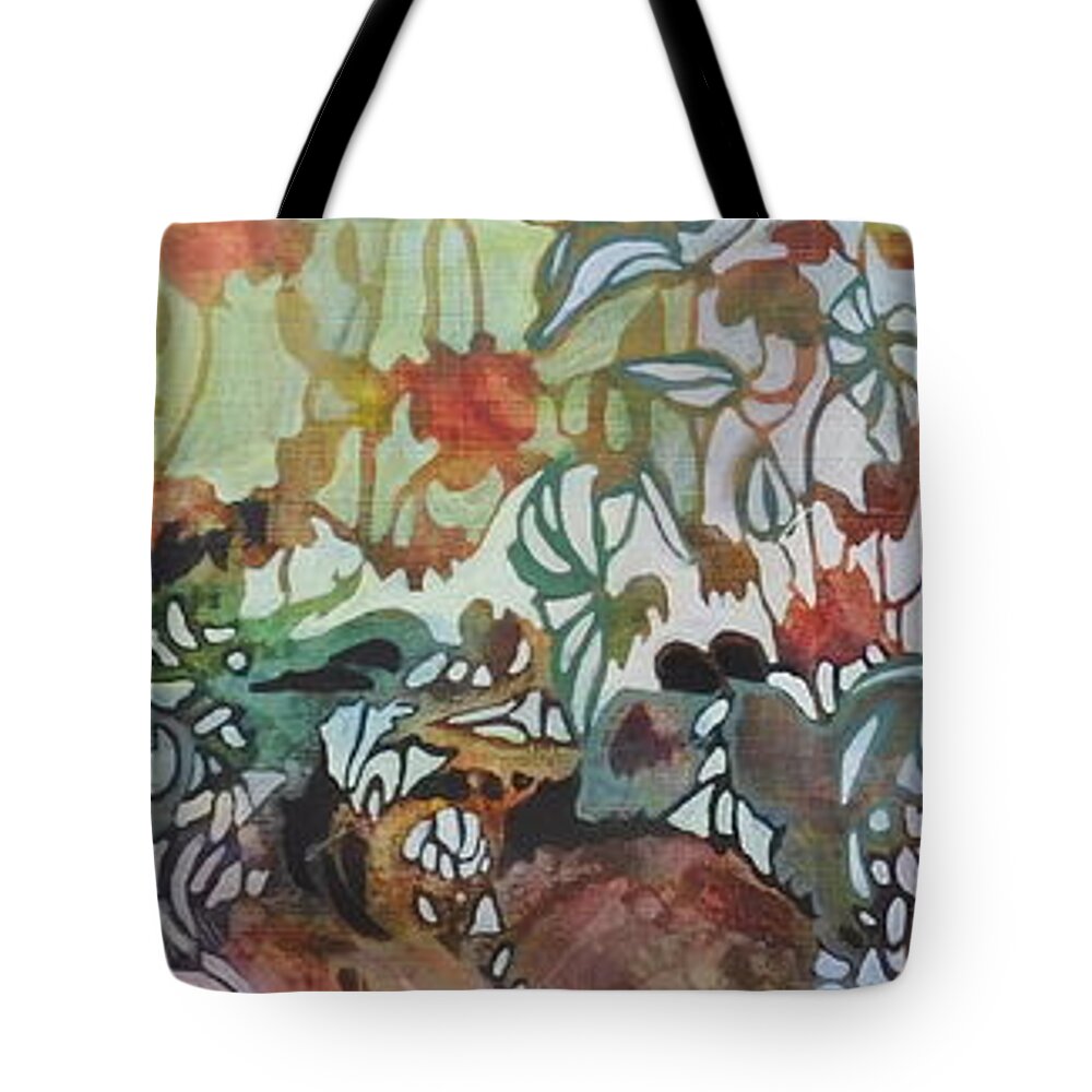 Joan Clear Large Horizontal Painting Of An Imaginary Garden In Green Tote Bag featuring the painting My Fantasy Garden by Joan Clear