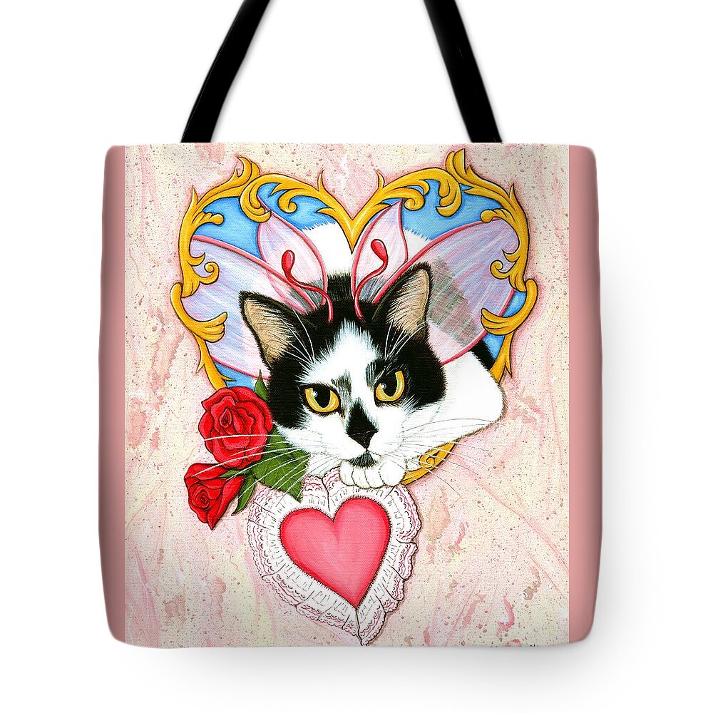 Tuxedo Cat Tote Bag featuring the painting My Feline Valentine Tuxedo Cat by Carrie Hawks