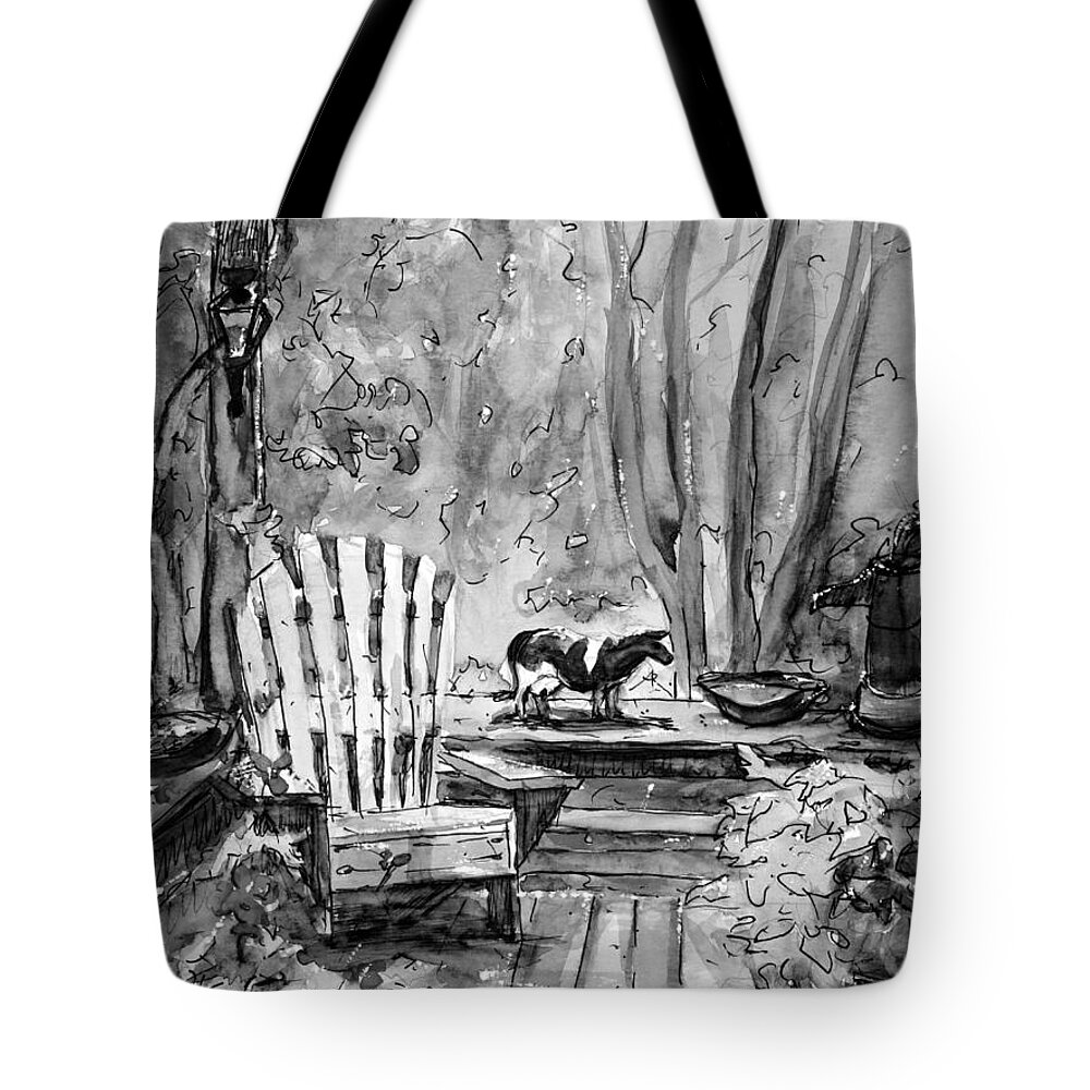 Black And White Tote Bag featuring the painting My Front Deck in BW by Gretchen Allen