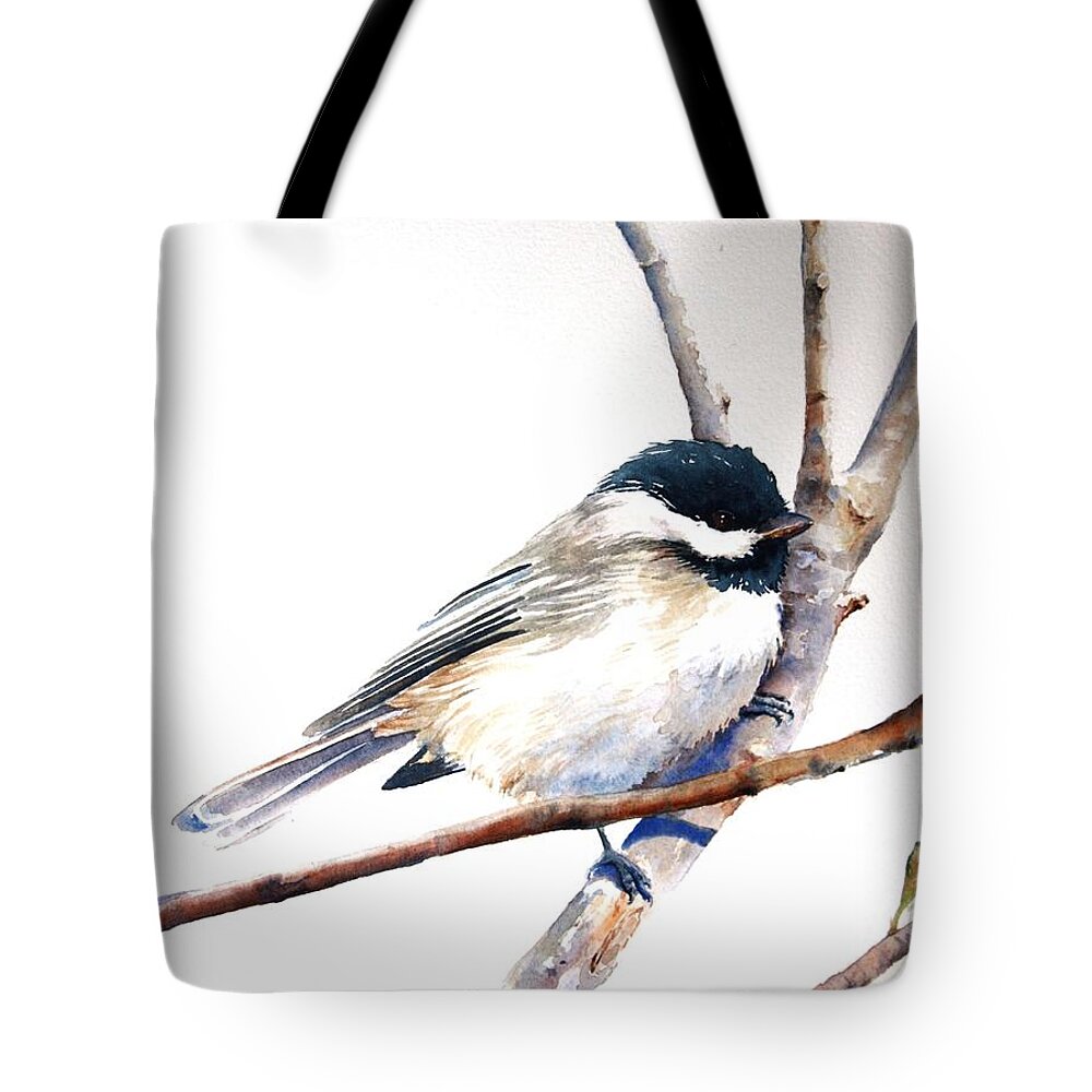 Black Capped Chickadee Tote Bag featuring the painting My Little Chickadee by Brenda Beck Fisher
