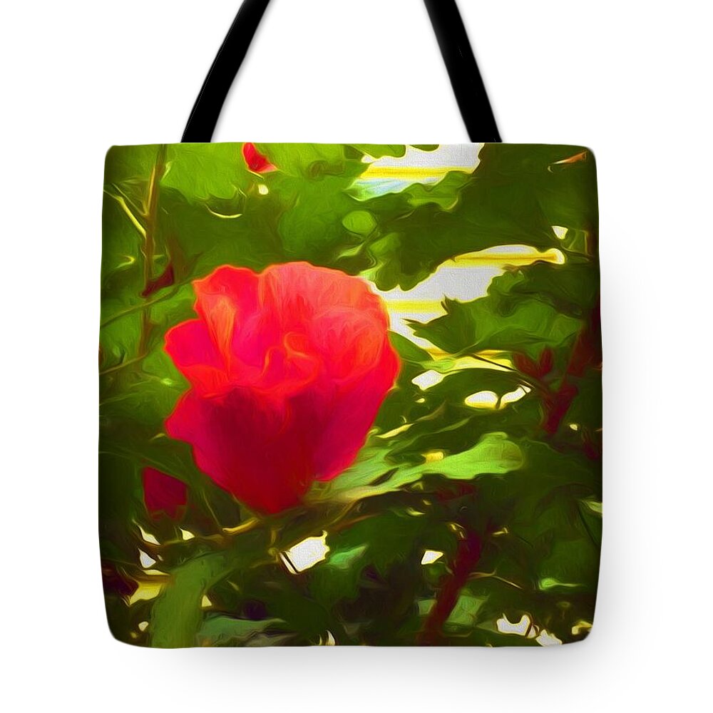 Flowers Tote Bag featuring the mixed media My Love is Like A Red Red Rose Of Sharon by Debra Lynch