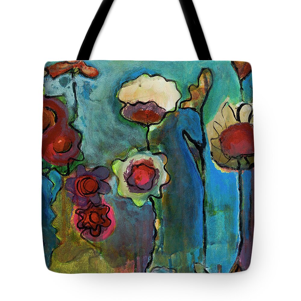 Red Pink Flowers On Blue Background Tote Bag featuring the painting My Mother's Garden by Susan Stone