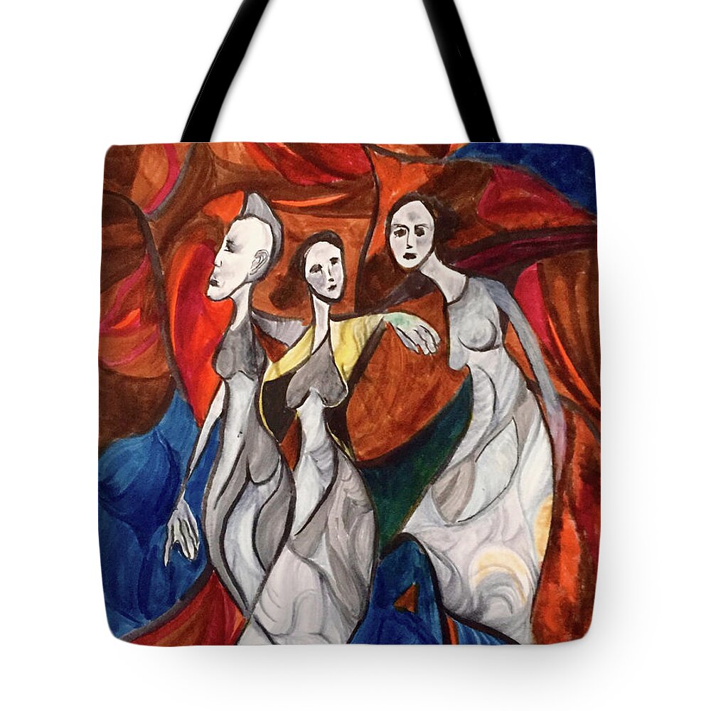 Contemporary Tote Bag featuring the drawing My Muses by Dennis Ellman
