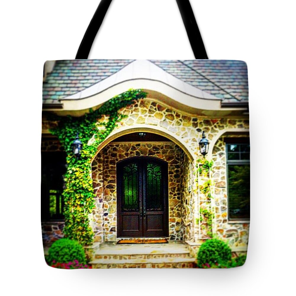 #like #love #door #frontdoor #green #leaves #flowers #stone #lakenorman #northcarolina #stone #colorful #whimsical Tote Bag featuring the photograph Front Door by Sharon Halteman