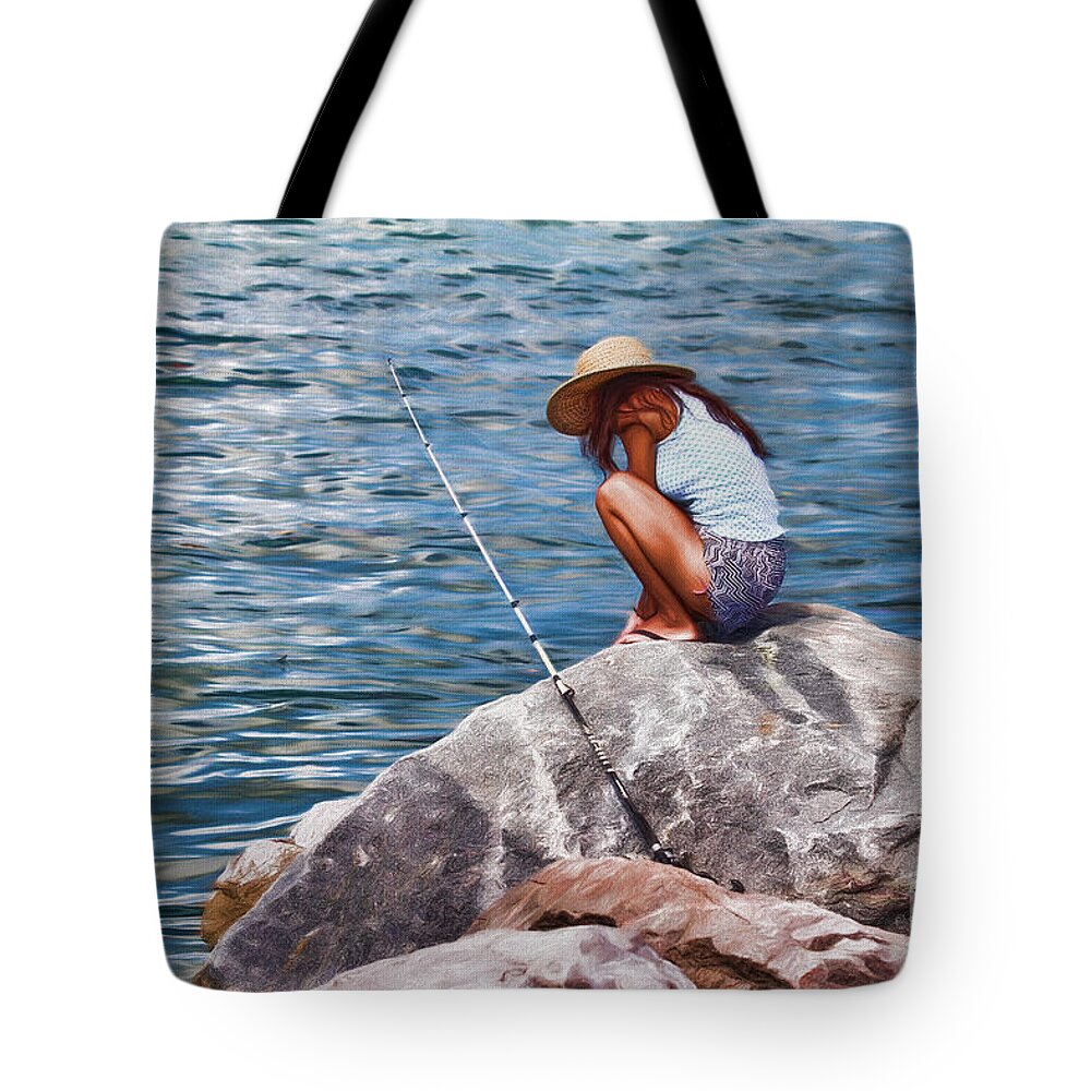 Water Tote Bag featuring the painting My Thoughts On The Rocks by Deborah Benoit
