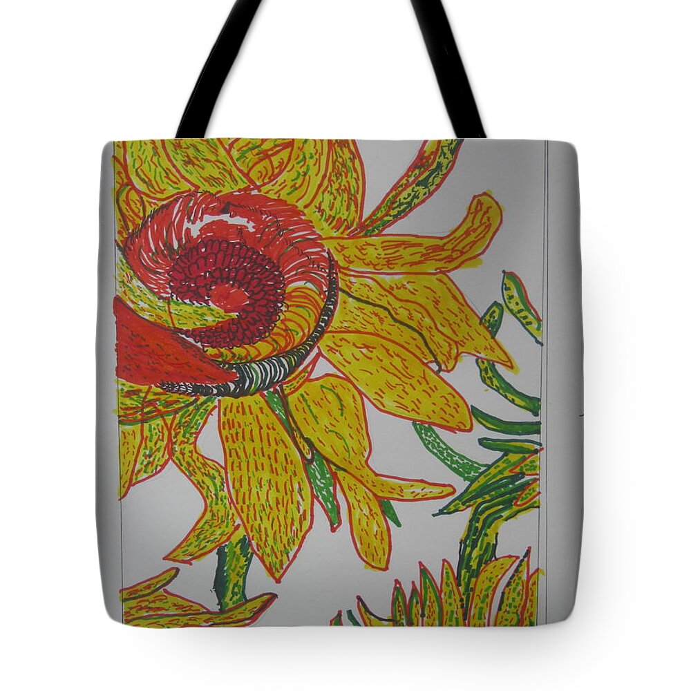 Sunflower Tote Bag featuring the drawing My Version Of A Van Gogh Sunflower by AJ Brown