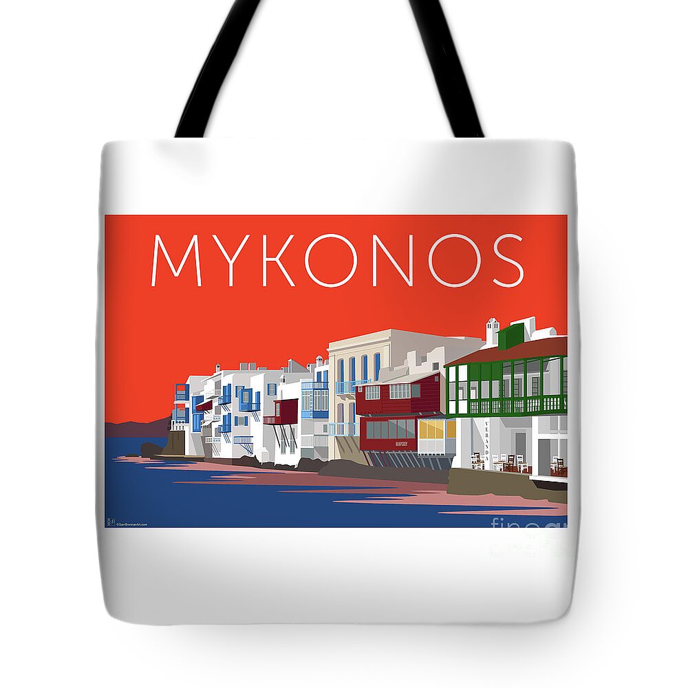 Mykonos Tote Bag featuring the digital art MYKONOS Little Venice - Orange by Sam Brennan