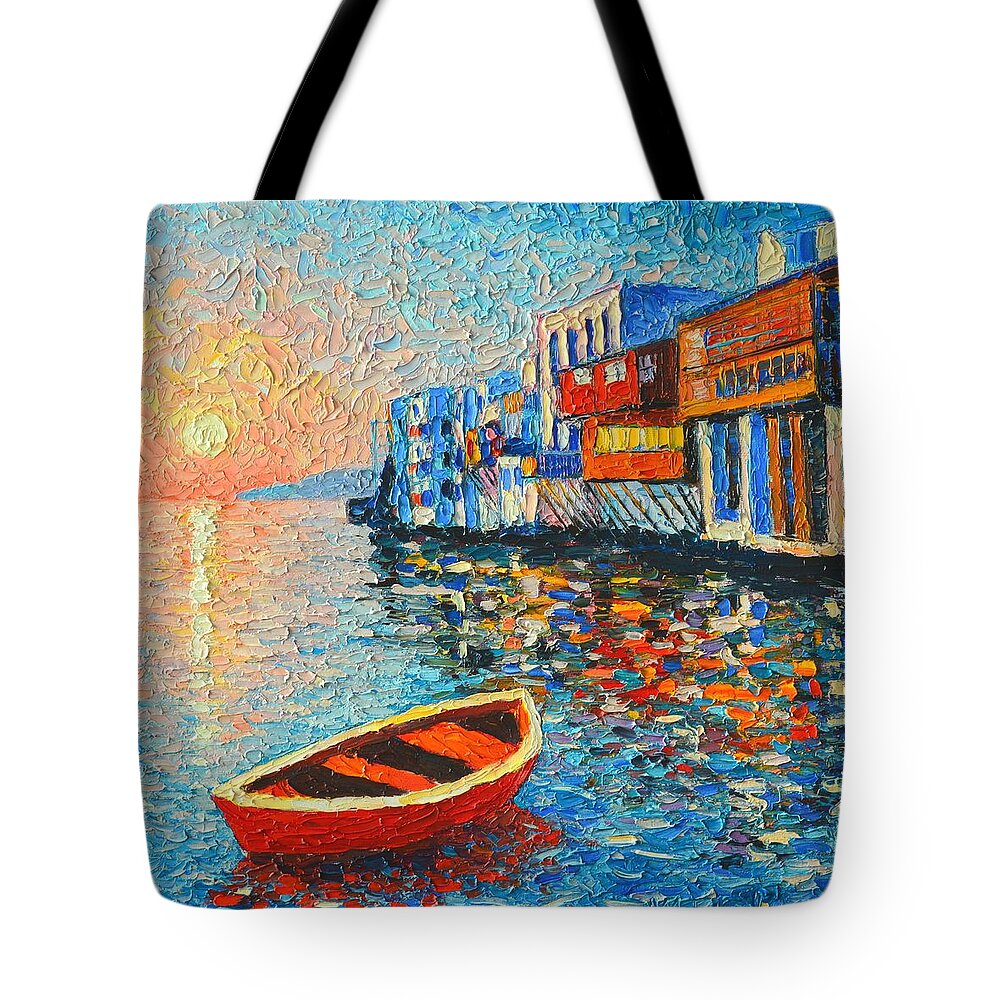 Mykonos Tote Bag featuring the painting Mykonos Little Venice - Timeless Moment by Ana Maria Edulescu