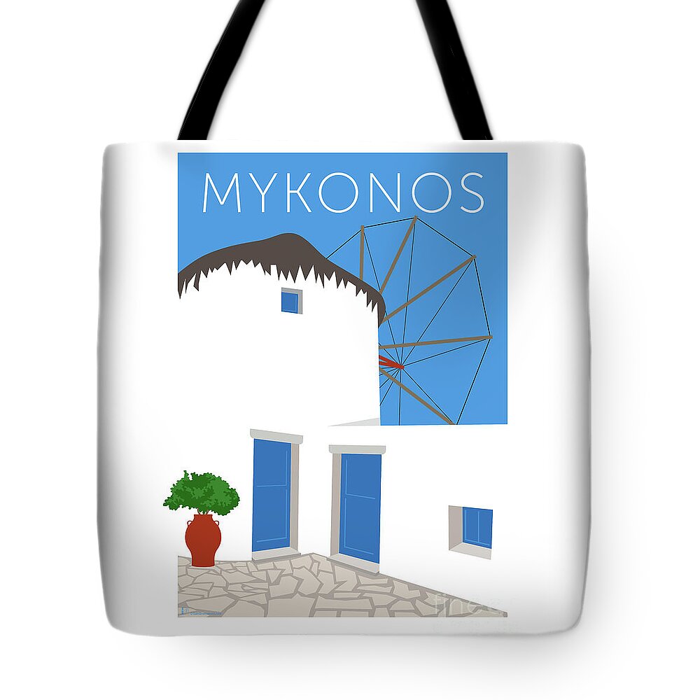 Mykonos Tote Bag featuring the digital art MYKONOS Windmill - Blue by Sam Brennan