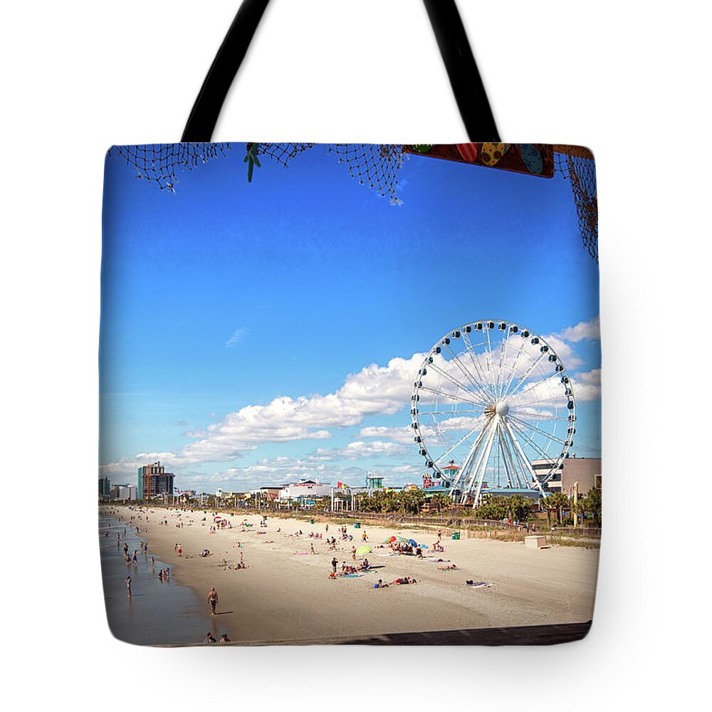 Myrtle Beach Boardwalk Tote Bag featuring the photograph Myrtle Beach Boardwalk and Skywheel by Bill Swartwout