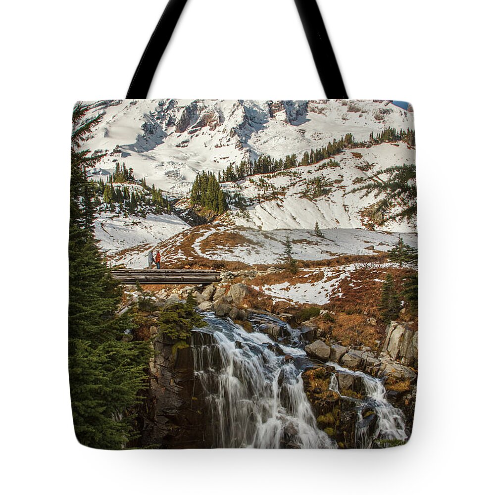 Mt. Rainier Tote Bag featuring the photograph Myrtle Falls, Mt Rainier by Tony Locke