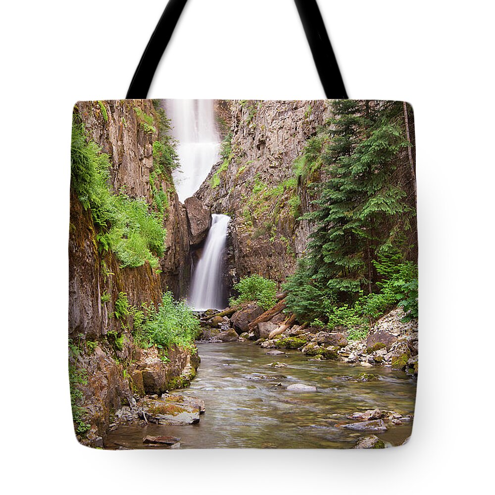 Waterfall Tote Bag featuring the photograph Mystery Falls by Angela Moyer